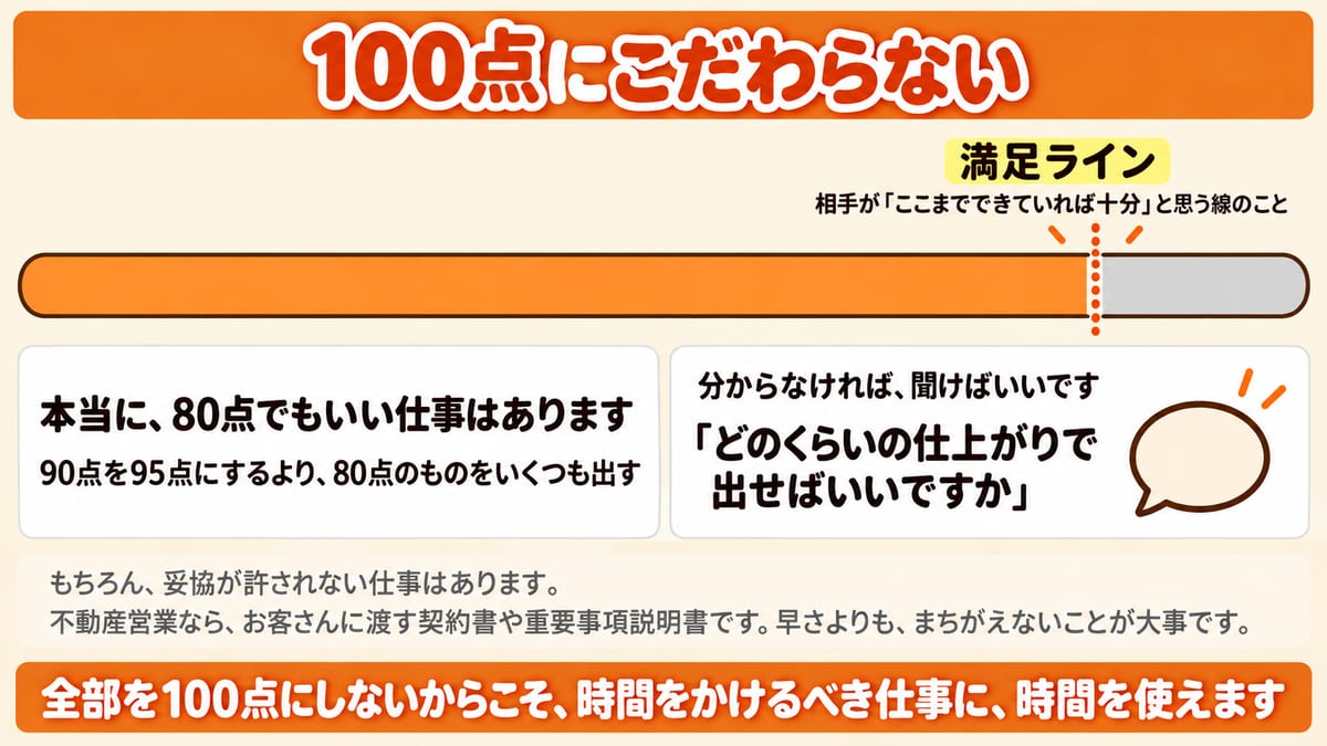 100点にこだわらず、相手がここまでできていれば十分と思う満足ラインを知ることを、1本の棒と点線で示した図解