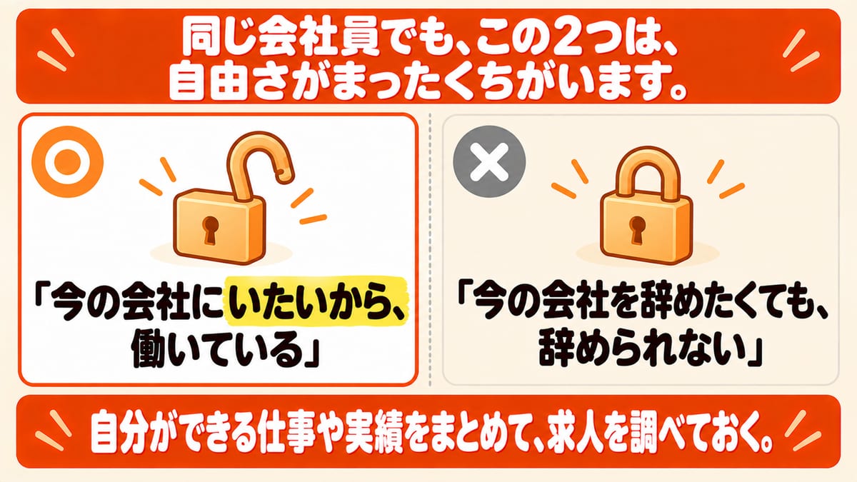 今の会社にいたいから働いている人と、辞めたくても辞められない人では、同じ会社員でも自由さがまったくちがうことを示した図解