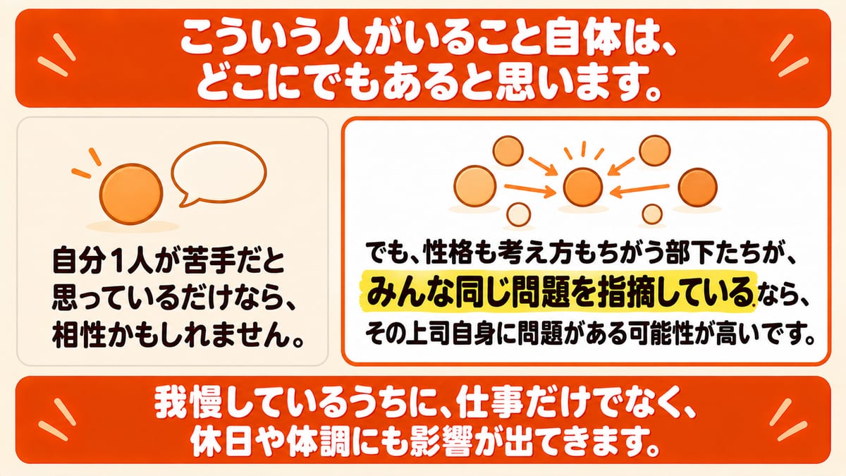 自分1人が苦手なだけなら相性かもしれないが、性格も考え方もちがう部下たちがみんな同じ問題を指摘しているなら上司自身に問題がある可能性が高いことを示した図解