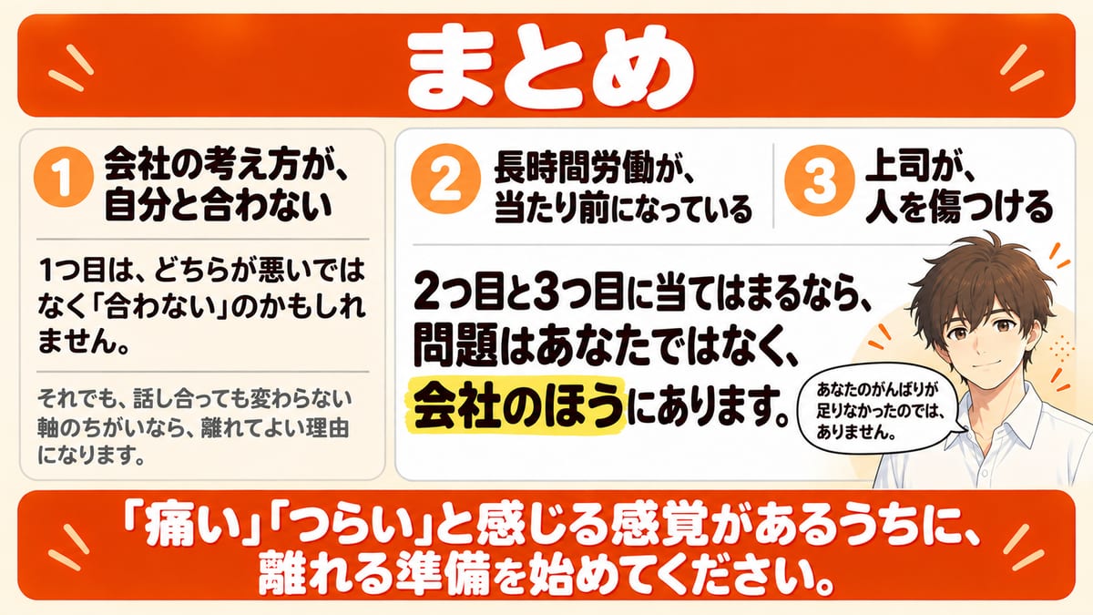 まとめとして、今すぐ離れたほうがいい会社の特徴3つのうち、1つ目の考え方が合わないはどちらが悪いではなく合わないのかもしれないこと、2つ目と3つ目に当てはまるなら問題は会社のほうにあることを示した見出し画像