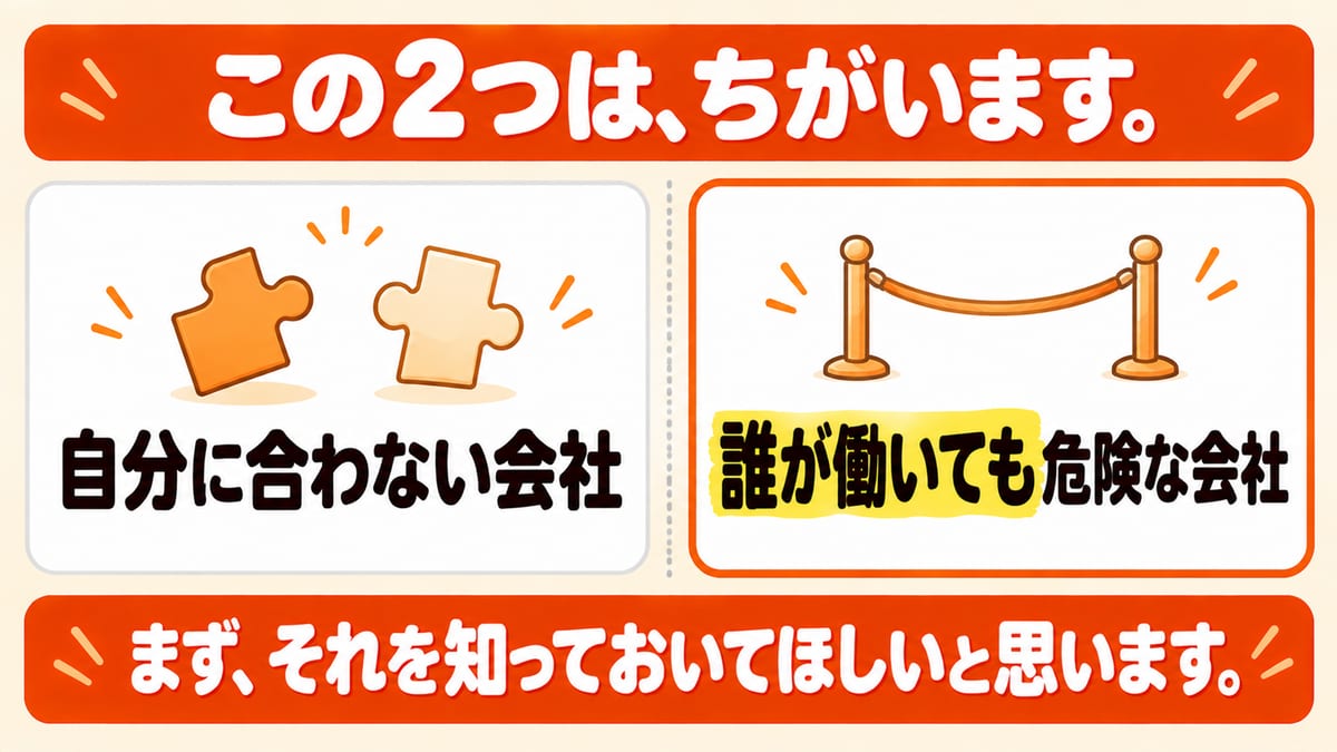 自分に合わない会社と、誰が働いても危険な会社の2つはちがう、ということを左右2枚のカードで示した図解