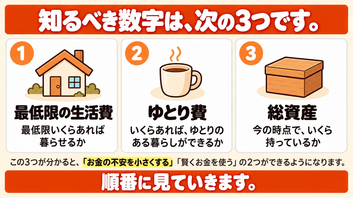 家計管理で知るべき数字は、最低限いくらあれば暮らせるかの最低限の生活費、ゆとりのある暮らしにいくら必要かのゆとり費、今いくら持っているかの総資産の3つであることを示した図解