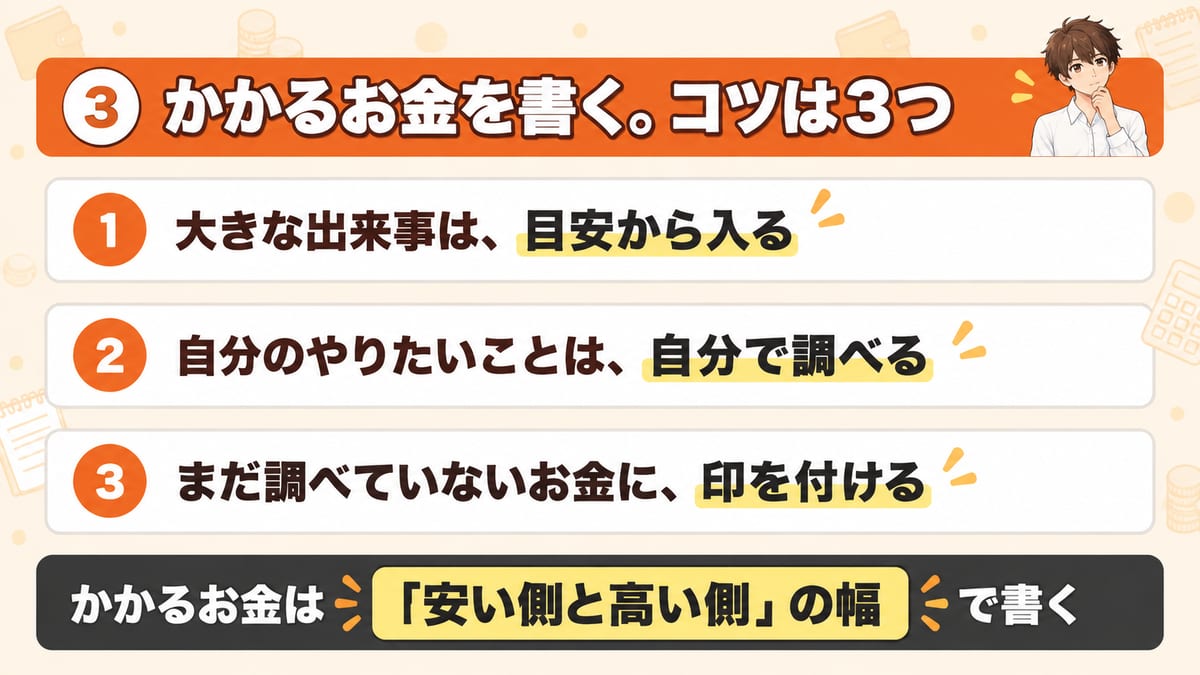 かかるお金を書くコツは3つで、大きな出来事は目安から入る、自分のやりたいことは自分で調べる、まだ調べていないお金に印を付けることと、かかるお金は安い側と高い側の幅で書くことを示した見出し画像
