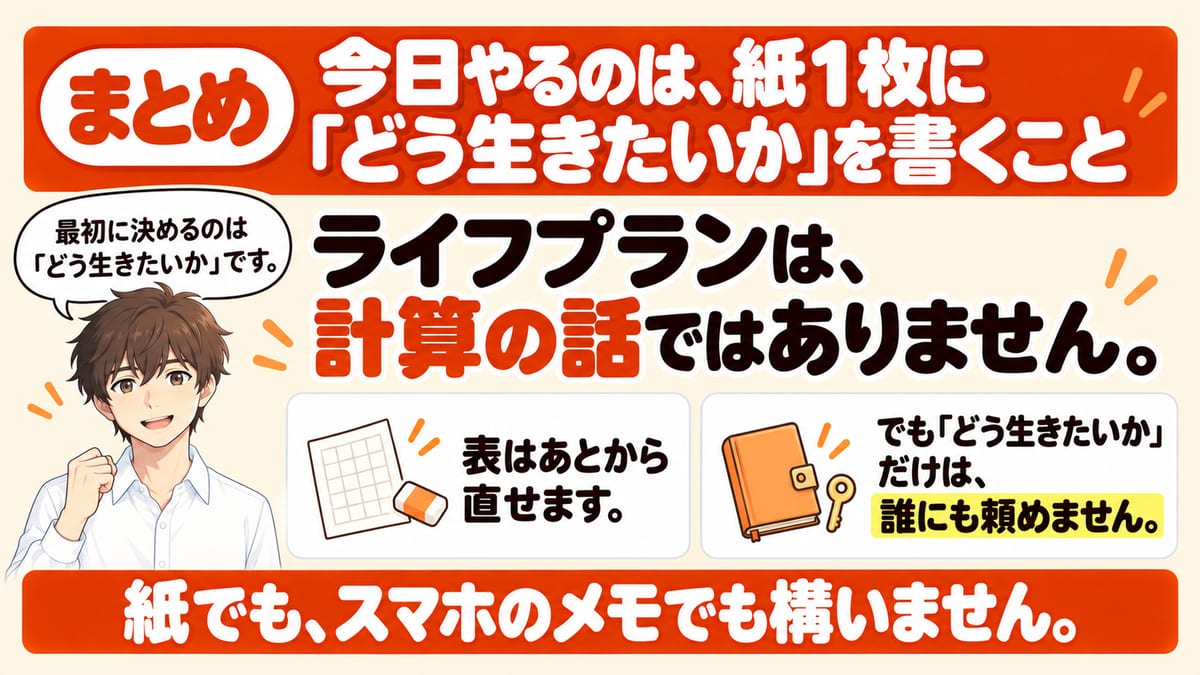 まとめとして、ライフプランは計算の話ではなく、表はあとから直せるがどう生きたいかだけは誰にも頼めないので、今日やるのは紙1枚にどう生きたいかを書くことで、紙でもスマホのメモでも構わないことを示した見出し画像