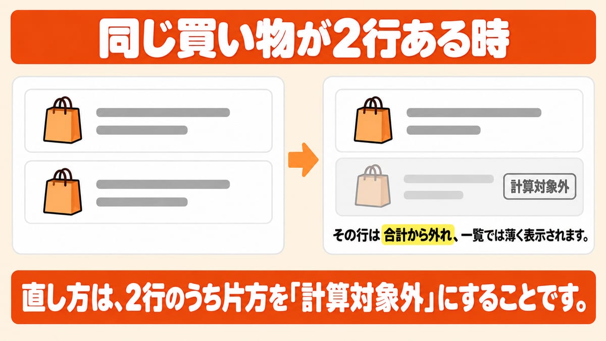 同じ買い物が2行ある時は、2行のうち片方を計算対象外にすると、その行は合計から外れ一覧では薄く表示されることを、同じ行2本と片方が薄くなった2本を並べて示した図解