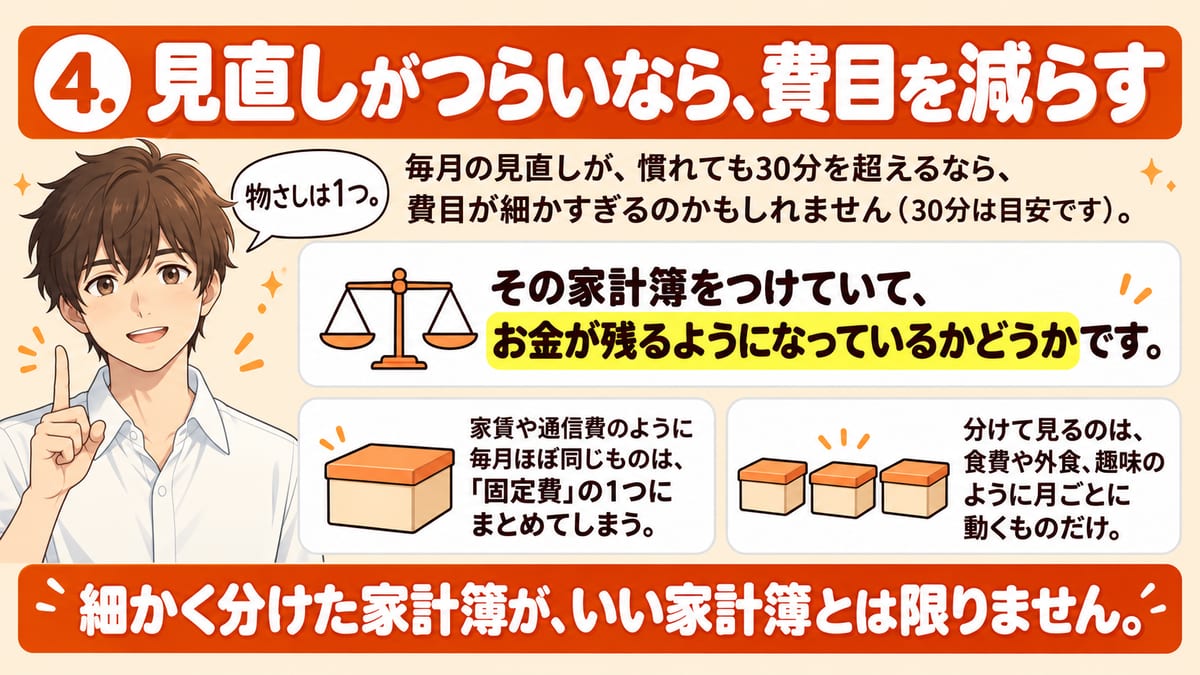マネーフォワードMEの見直しが慣れても30分を超えるなら費目が細かすぎるのかもしれず、物さしはお金が残るようになっているかどうかの1つで、家賃や通信費は固定費の1つにまとめ、分けて見るのは食費や外食、趣味のように月ごとに動くものだけにすることを示した見出し画像