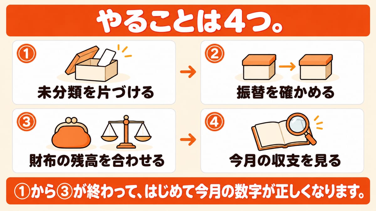 マネーフォワードMEで月1回やることは、未分類を片づける、振替を確かめる、財布の残高を合わせる、今月の収支を見るの4つで、①から③が終わってはじめて今月の数字が正しくなる順番を示した図解