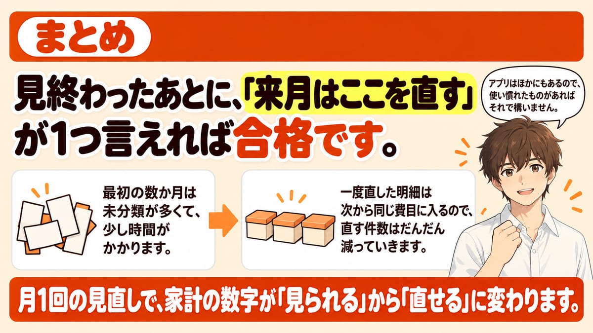 まとめとして、マネーフォワードMEの月1回の見直しは最初の数か月は未分類が多くて時間がかかるが、一度直した明細は次から同じ費目に入るので直す件数はだんだん減り、見終わったあとに来月はここを直すが1つ言えれば合格で、家計の数字が見られるから直せるに変わることを示した見出し画像