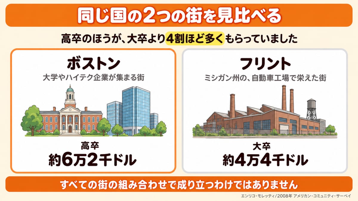 ボストンの高卒とフリントの大卒の平均年収を左右で見比べた図解