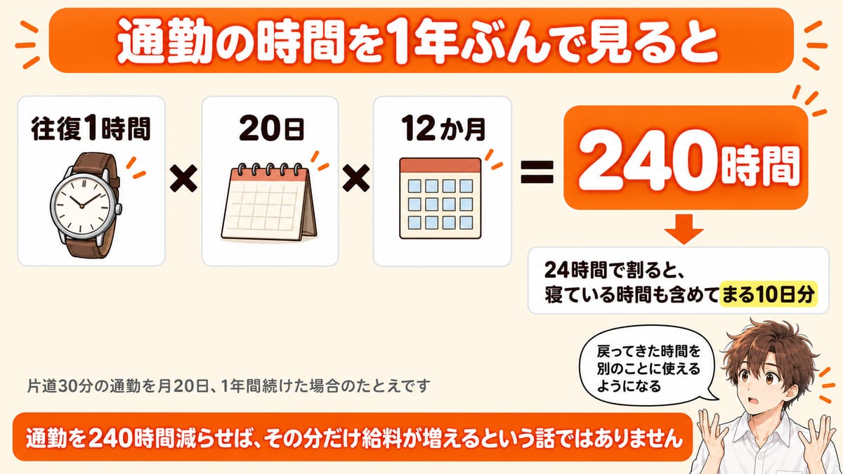 往復1時間の通勤が1年で240時間になり、まる10日分にあたることを示した図解