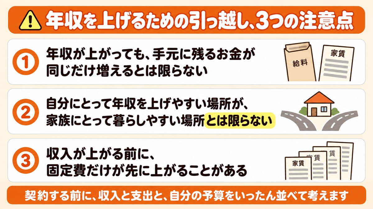 年収を上げるための引っ越しで見落としやすい3つの注意点を並べた見出し画像