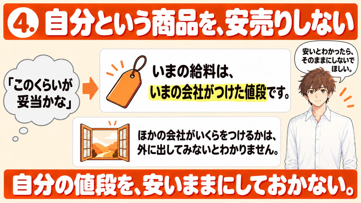 自分という商品を安売りしないという章で、このくらいが妥当かなと思いがちだが、いまの給料はいまの会社がつけた値段で、ほかの会社がいくらをつけるかは外に出してみないとわからないことを示した見出し画像