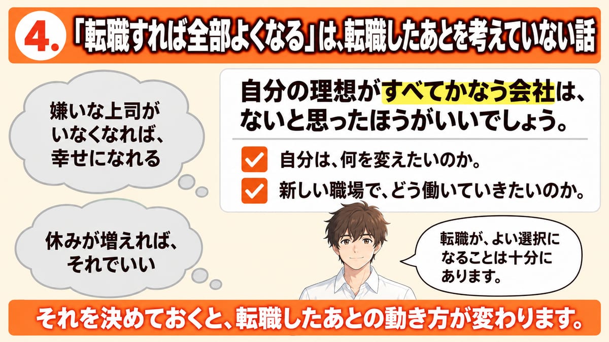 転職すれば全部よくなるという考えについて、理想がすべてかなう会社はないと思ったほうがよく、自分は何を変えたいのか・新しい職場でどう働いていきたいのかを決めておくと転職したあとの動き方が変わることを示した見出し画像