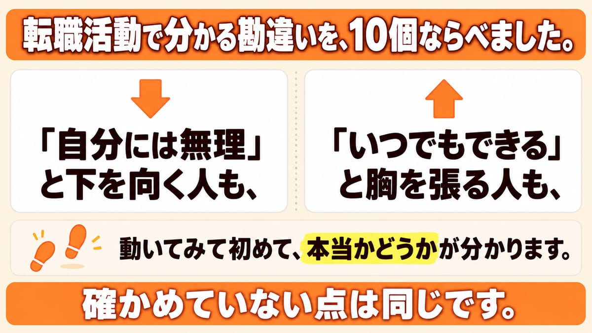 自分には無理と下を向く人も、いつでもできると胸を張る人も、動いてみて初めて本当かどうかが分かり、確かめていない点は同じだと左右2枚のカードで示した図解
