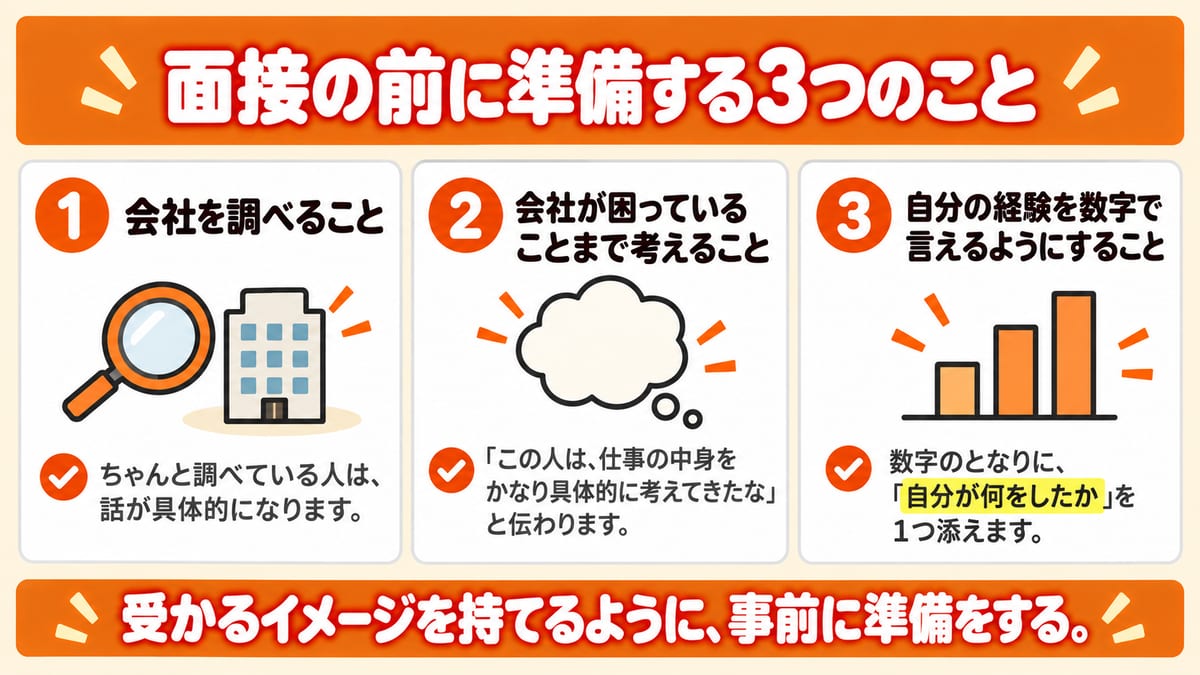 面接の前に準備する3つのこと、会社を調べる・会社が困っていることまで考える・自分の経験を数字で言えるようにするを並べた図解