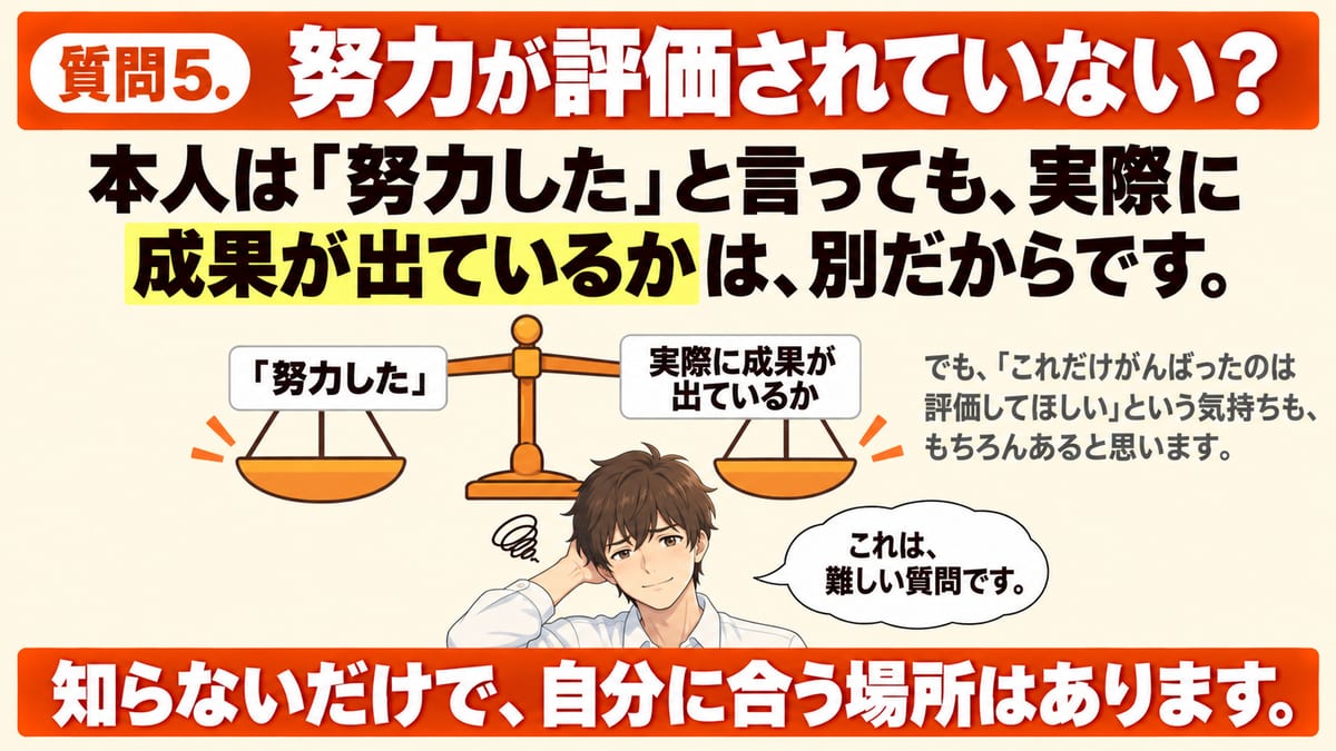 努力が評価されていないかを見る質問5について、本人が努力したと言っても実際に成果が出ているかは別だということを、つり合った天びんで示した見出し画像