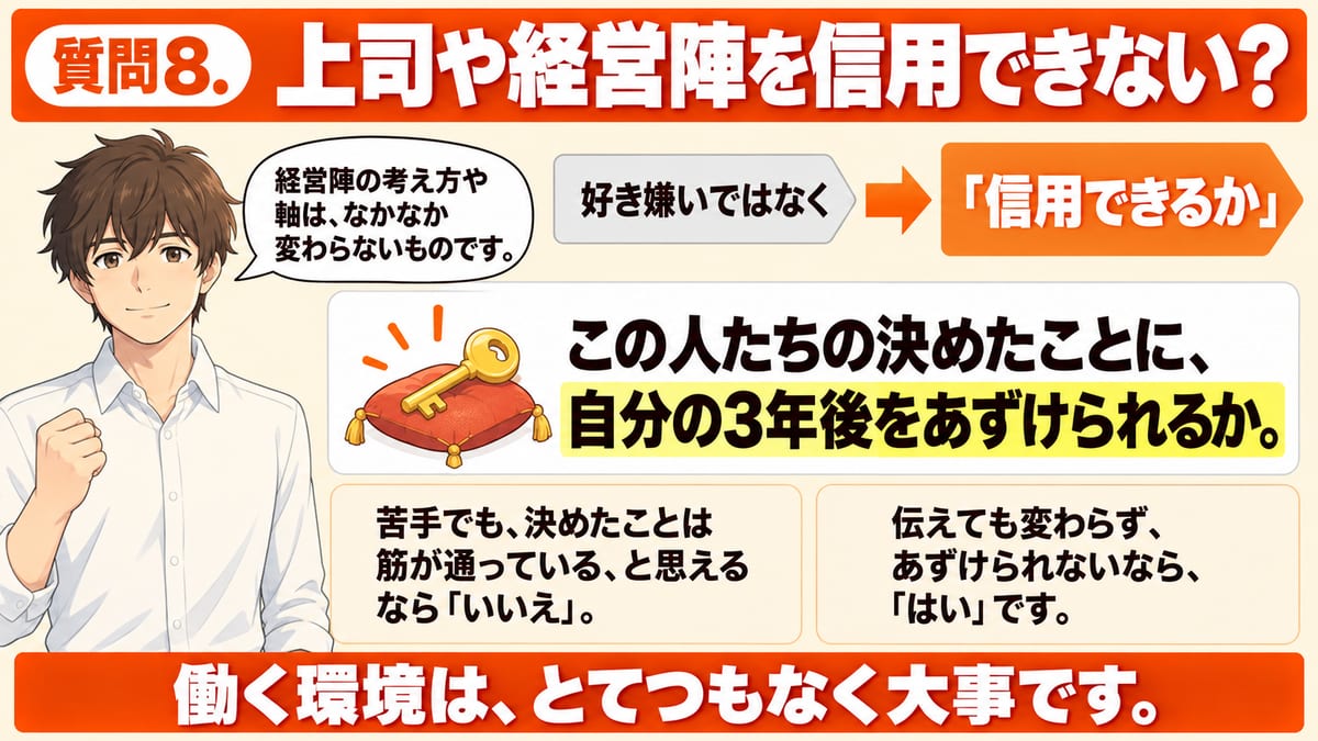 上司や経営陣を信用できないかを見る質問8について、好き嫌いではなく信用できるかを見ること、この人たちの決めたことに自分の3年後をあずけられるかで見分けることを示した見出し画像