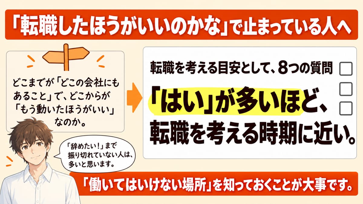 転職したほうがいいのかなと止まっている人に向けて、8つの質問ではいが多いほど転職を考える時期に近いことを、迷いから答えへの流れで示した見出し画像